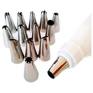12 Piece Stainless Steel Cake Icing Frosting Piping Bag & Coupler Tips with Nozzles