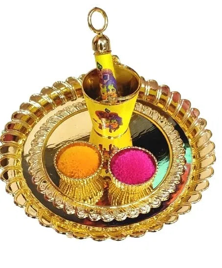 Elegance Radha Krishna Printed Bucket Pickari – for Laddu Gopal ji Holi Celebration Acrylic Small Balti Pichkari [ Yellow, Plate Diameter 5 inch ] - Design 6